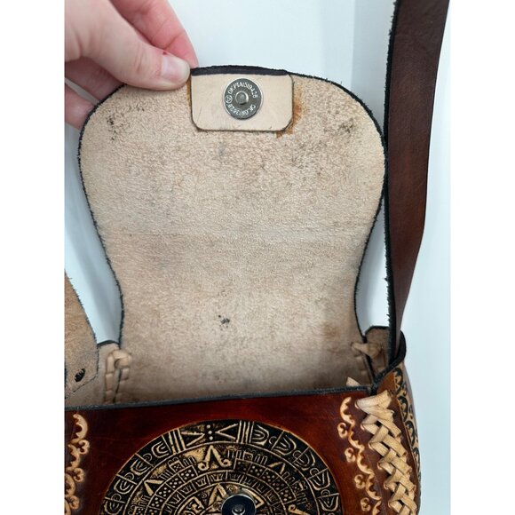Vintage Hand Tooled Brown Leather Aztec Calendar Bag Crossbody Handmade Mexican - Picture 4 of 9